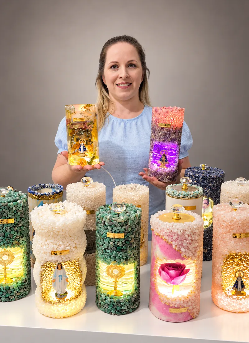 Ana com várias velas gruta luminárias acesas