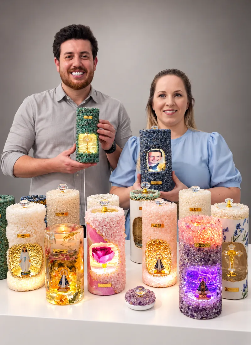 Júnior e Ana atrás de uma mesa cheia de velas gruta luminárias
